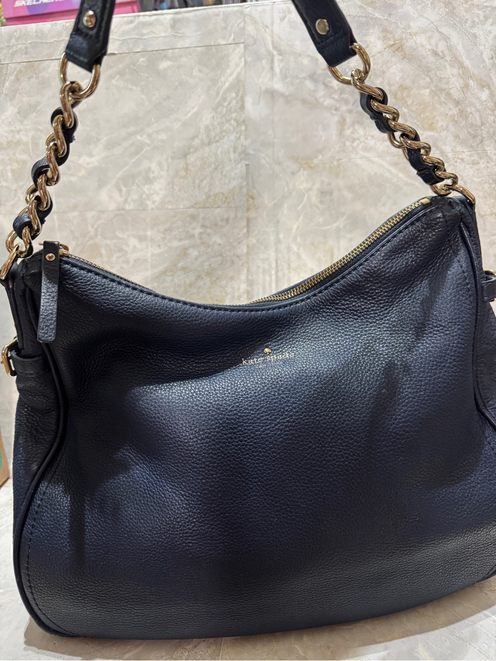 kate spade Black Pebbled Leather Shoulder Hobo with Gold Chain Strap